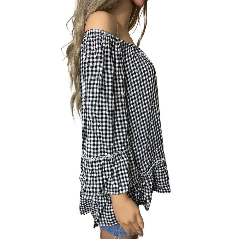 Fever 3/4 Sleeve Gingham Peplum Top L - Picture 2 of 4